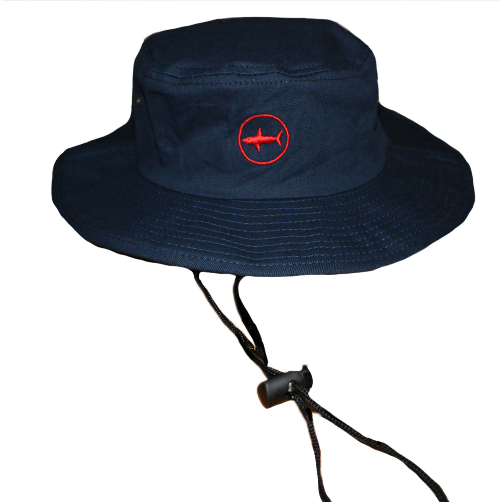Kids Navy Classic Bucket Hat With Red Under Brim and Circle Shark