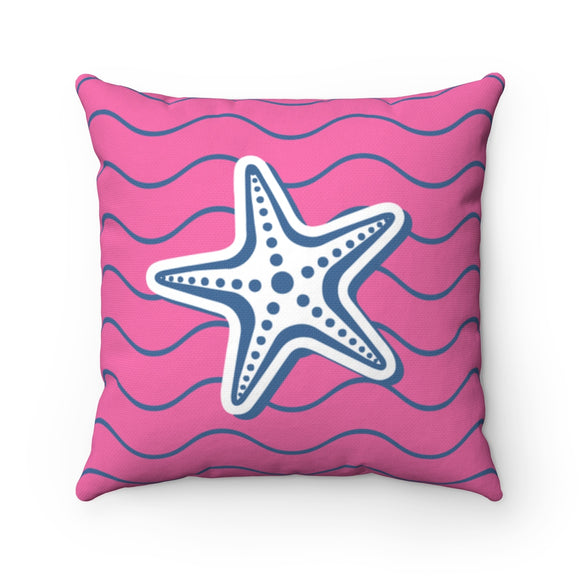Starfish On Power Pink With Blue Waves Spun Polyester Square Pillow