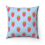 Sweet Strawberries On Light Blue Spun Polyester Square Pillow
