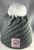 Grey Knit Cable Winter Hat with White Pom Pom
