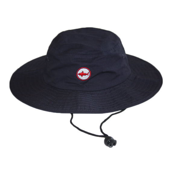 Adult Navy Bucket Hat With Wide Brim and Red Circle Shark Logo UPF 50+