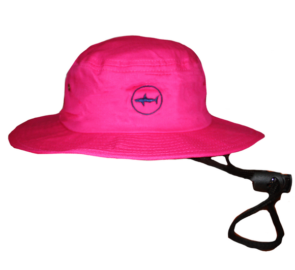 Adult Hot Pink Classic Bucket Hat With Navy Under Brim and Circle Shark Logo
