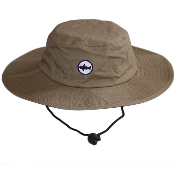 Adult Tan Bucket Hat With Wide Brim and Navy Circle Shark Logo UPF