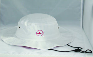 Adult White Classic Bucket Hat With Hot Pink Under Brim and Circle Shark Logo