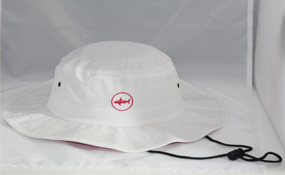 Kids White Classic Bucket Hat with Hot Pink Under Brim and Circle Shark Logo