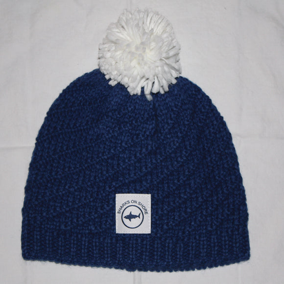 Blue Knit Cable Winter Hat with White Pom Pom