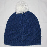 Blue Knit Cable Winter Hat with White Pom Pom